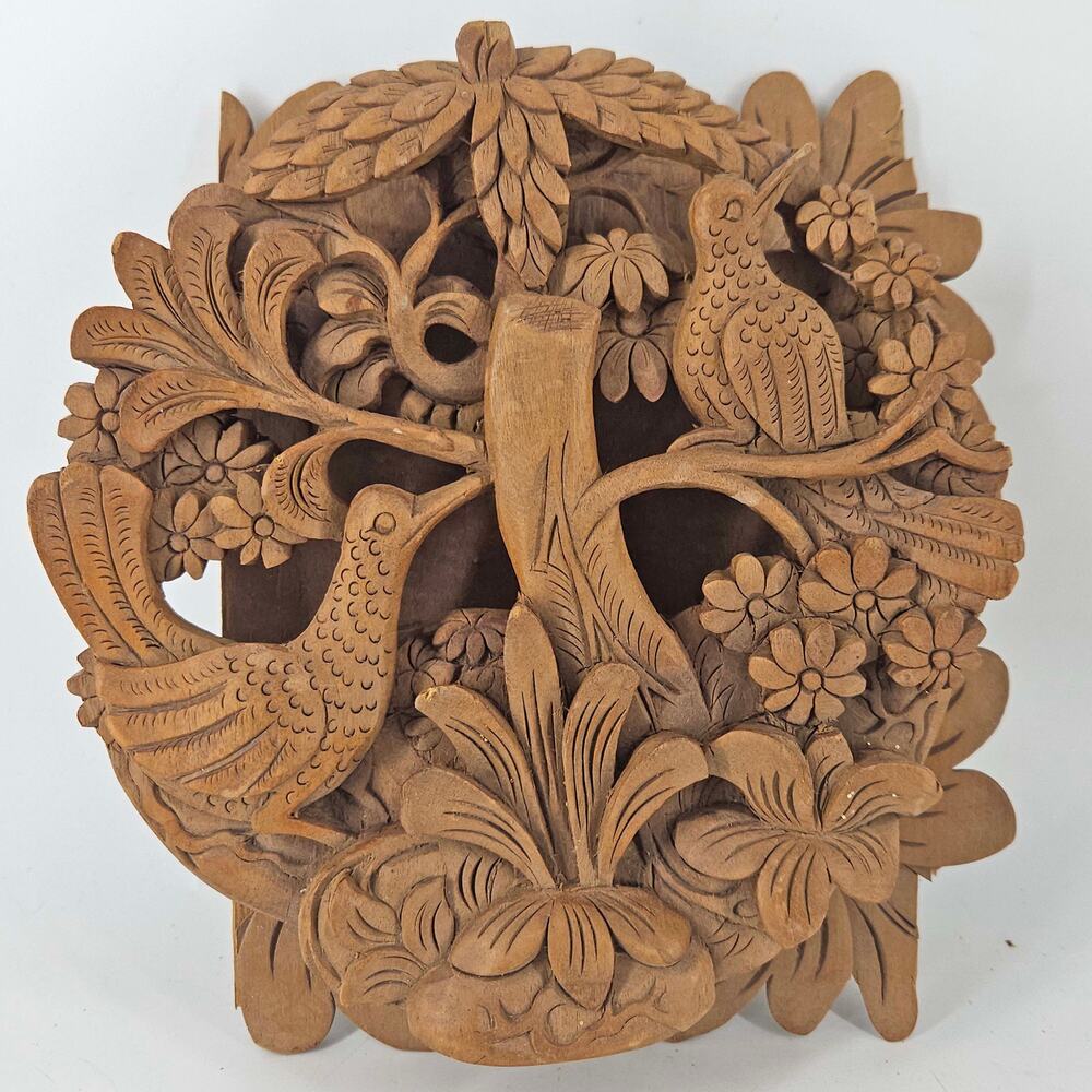 Vintage hand carved Balinese wood tropical nature birds wall hanging decor